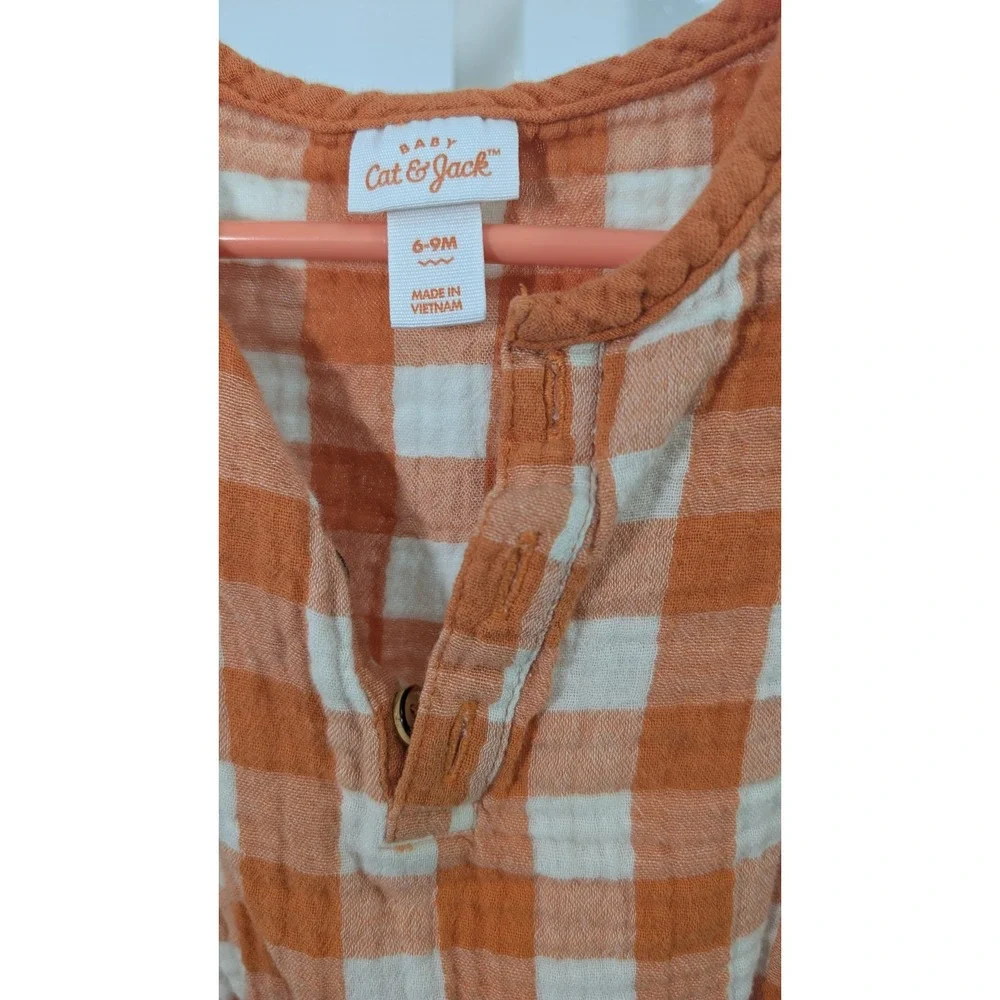 Cat &‎ Jack Baby Orange White Buffalo Plaid Gauze Henley Romper 6-9 Months